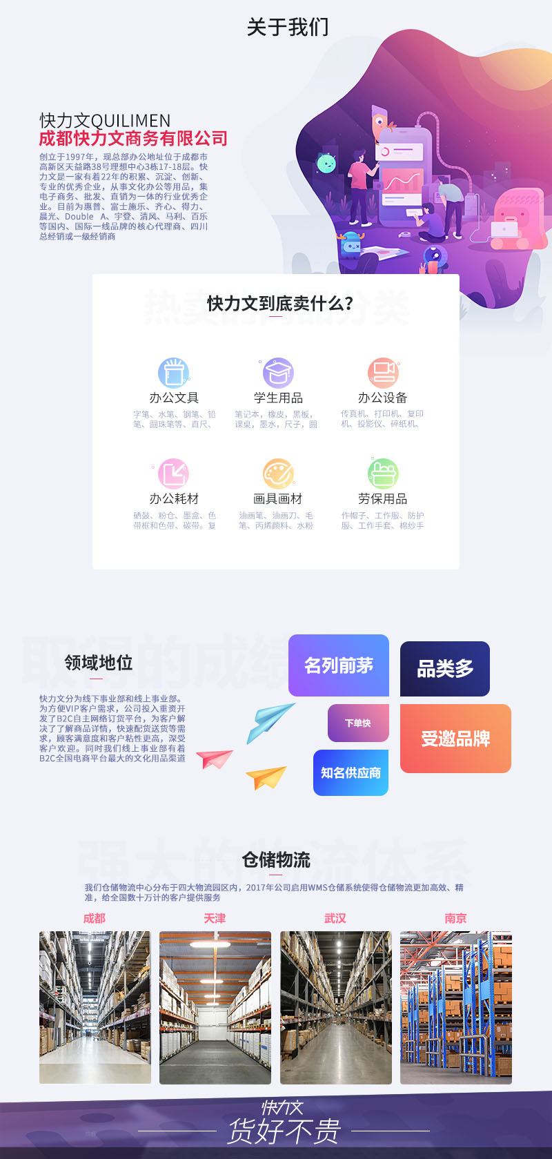 成都快力文商務(wù)有限公司（CHENGU QUILIMEN BUSINESS SERVICE CORPORATION LIMITED）簡(jiǎn)稱(chēng)：快力文QUILIMEN，創(chuàng)立于1997年，現(xiàn)總部辦公地址位于成都市高新區(qū)天益路38號(hào)理想中心3棟17-18層。快力文是一家有著22年的積累、沉淀、創(chuàng)新、專(zhuān)業(yè)的優(yōu)秀企業(yè)，從事辦公文具、學(xué)生用品、辦公設(shè)備、辦公耗材、畫(huà)具畫(huà)材、勞保用品等文化辦公用品，集電子商務(wù)、批發(fā)、直銷(xiāo)為一體的行業(yè)優(yōu)秀企業(yè)。目前為惠普、富士施樂(lè)、齊心、得力、晨光、Double A、宇登、清風(fēng)、馬利、百樂(lè)等國(guó)內(nèi)、國(guó)際一線品牌的核心代理商、四川總經(jīng)銷(xiāo)或一級(jí)經(jīng)銷(xiāo)商。
快力文分為線下事業(yè)部和線上事業(yè)部。為方便VIP客戶需求，公司投入重資開(kāi)發(fā)了B2C自主網(wǎng)絡(luò)訂貨平臺(tái)，為客戶解決了了解商品詳情，快速配貨送貨等需求，顧客滿意度和客戶粘性更高，深受客戶歡迎。同時(shí)我們線上事業(yè)部有著B(niǎo)2C全國(guó)電商平臺(tái)最大的文化用品渠道商。連續(xù)3年持續(xù)保持天貓全國(guó)辦公文化類(lèi)目單店銷(xiāo)售全國(guó)前3強(qiáng)，綜合類(lèi)目排名全國(guó)第一，由于業(yè)績(jī)突出，16年受邀于京東平臺(tái)，成為京東平臺(tái)的商家，同時(shí)公司還受邀當(dāng)當(dāng)網(wǎng)和拼多多，成為國(guó)內(nèi)多個(gè)知名電商平臺(tái)的供應(yīng)商。
我們倉(cāng)儲(chǔ)物流中心分布于成都、天津、武漢、南京、的物流園區(qū)內(nèi)2017年公司啟用WMS倉(cāng)儲(chǔ)系統(tǒng)使得倉(cāng)儲(chǔ)物流更加高效、精準(zhǔn)，給全國(guó)數(shù)十萬(wàn)計(jì)的客戶提供服務(wù)。